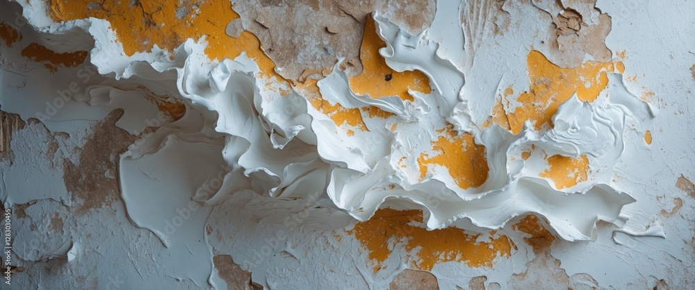 Poster textured wall surface with peeling white and orange paint creating an abstract pattern and depth in 