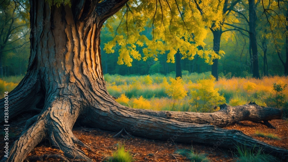 Aufkleber large textured tree trunk with golden leaves and green grass in a tranquil forest setting during lat