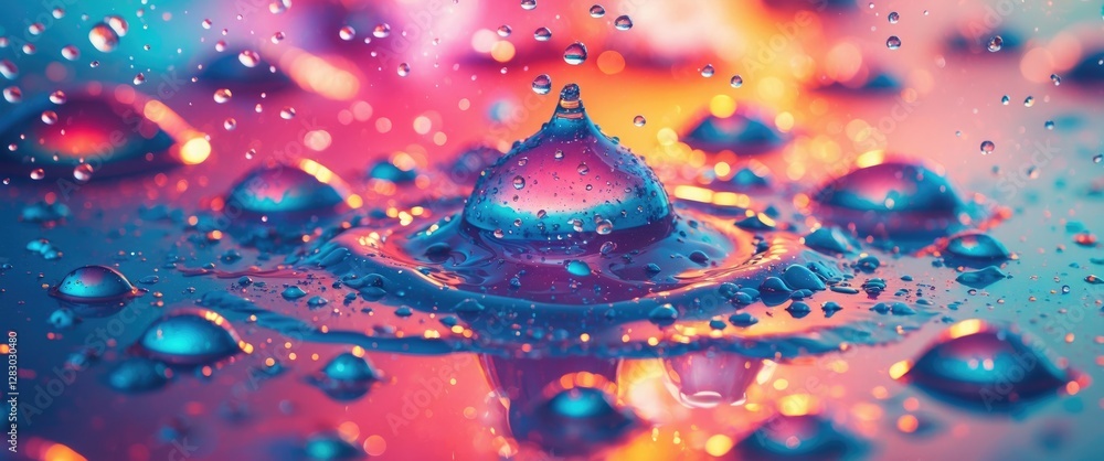 Poster close-up of water droplets on a surface with colorful reflections and a splash rising from the cente