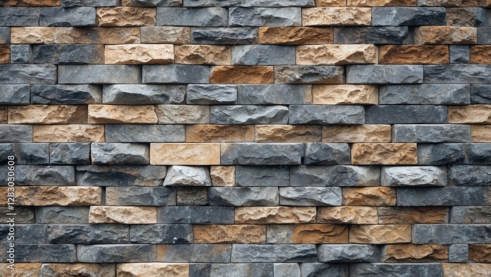 Poster textured stone wall with a mix of gray and beige rectangular stones arranged in a pattern suitable f