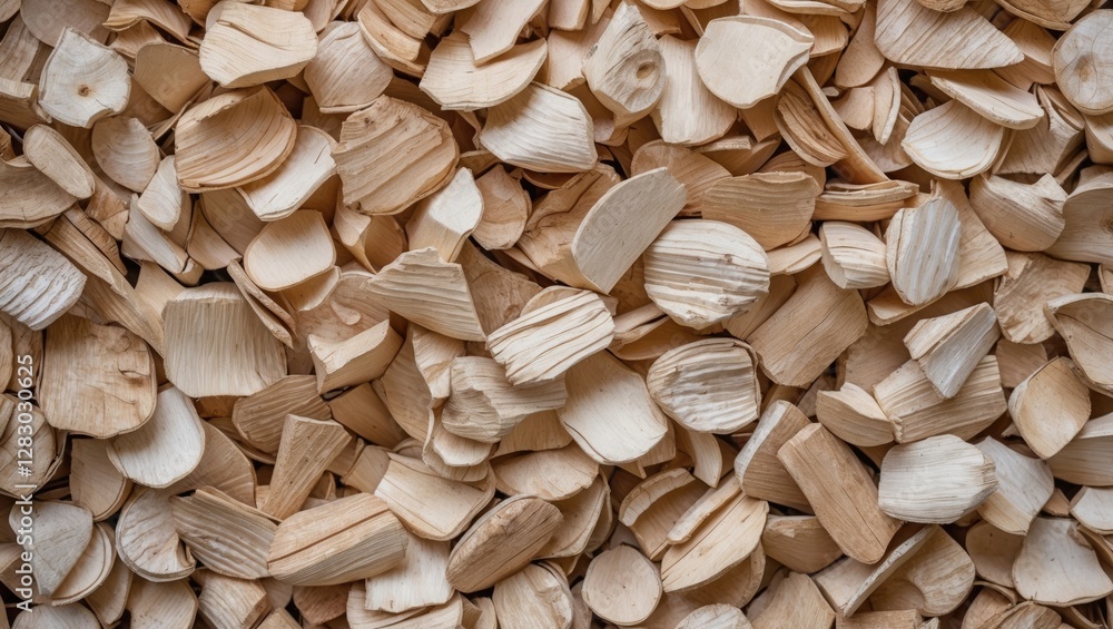 Poster wood chips scattered on a surface showing various shapes and sizes in natural light with detailed te