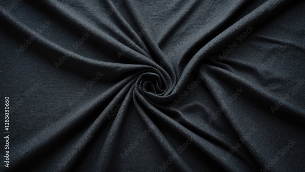 Poster black textile fabric texture with circular folds and drapes, close-up view of smooth, soft material 