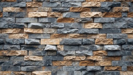 Obraz premium Textured stone wall with a mix of gray and beige rectangular stones arranged in a pattern suitable for architectural background or design use