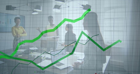 Image of data processing and diagrams over diverse colleagues talking in office