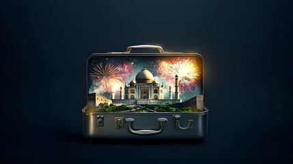 Taj Mahal Fireworks Display Inside a Suitcase on Dark Blue Background