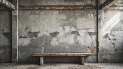 Industrial interior space with a weathered concrete wall and a rustic wooden bench in a minimalist design setting