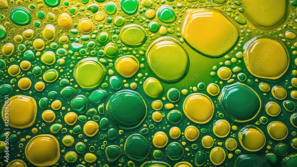 Poster Colorful macro shot of green and yellow bubbles on a surface creating an abstract pattern with varying sizes and shapes.