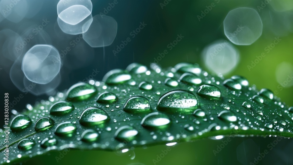 Poster macro shot of green leaf covered in water droplets with blurred background of light bokeh effect in 