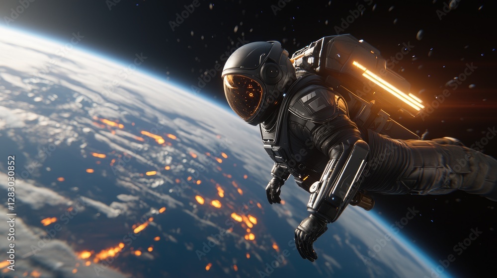 Aufkleber astronaut floating in space earth below digital art cosmic environment dynamic viewpoint exploration