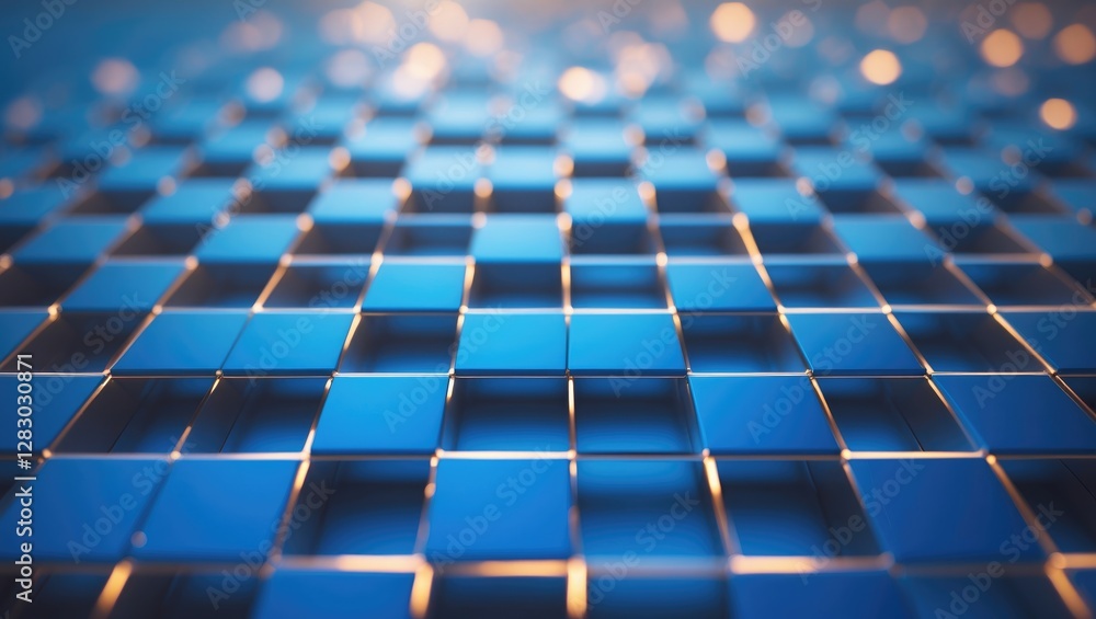Poster blue reflective square grid pattern with depth effect and soft lighting for abstract backgrounds and
