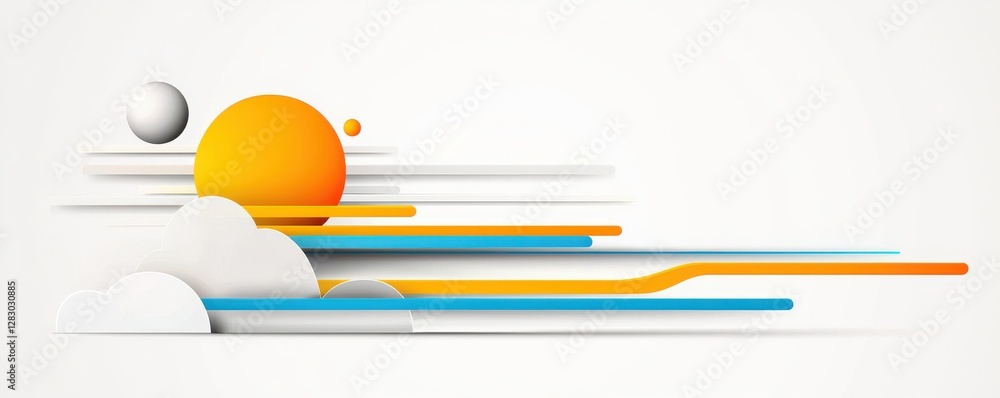 Poster a minimalist abstract design featuring a sun and a planet with horizontal lines in vibrant colors ag