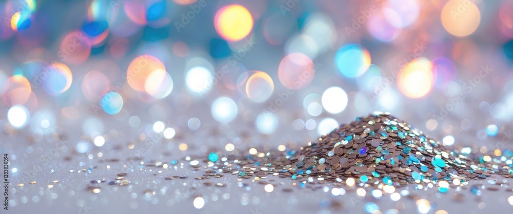 Poster colorful glitter pile on a soft background with bokeh lights creating a festive and vibrant atmosphe