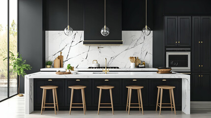 Modern Kitchen Interior With Black And White Color Scheme Featuring Island Counter Stools and Contemporary Design
