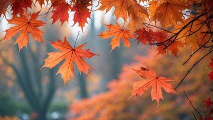 Autumn foliage with vibrant orange maple leaves against a blurred background of trees in fall season.