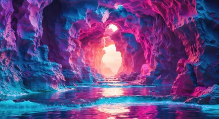 Fototapeta premium Colorful cave landscape with water reflection and vibrant lighting in shades of pink, purple, and blue. Natural rock formations and tranquil setting.