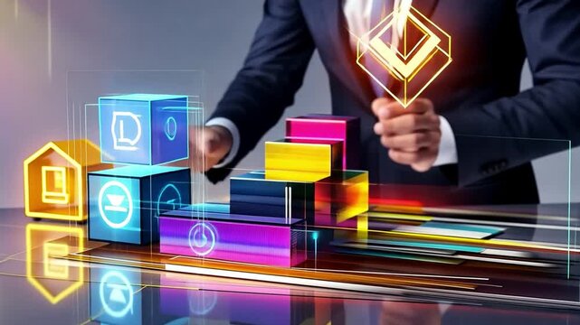 Building the Future: A visionary executive meticulously arranges vibrant digital building blocks, symbolizing innovation, technology, and the construction of a successful digital strategy.