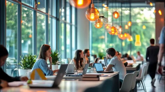 A modern cafe or coworking space with large windows through which you can see the greenery on the street. Inside, several people are sitting at long tables and working on laptops.