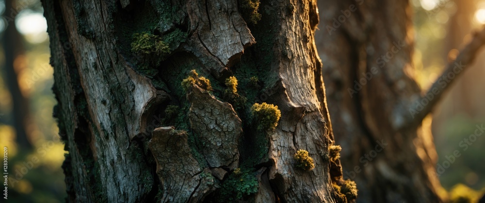 Poster close-up texture of an old tree trunk covered with moss in a sunlit forest environment showcasing na