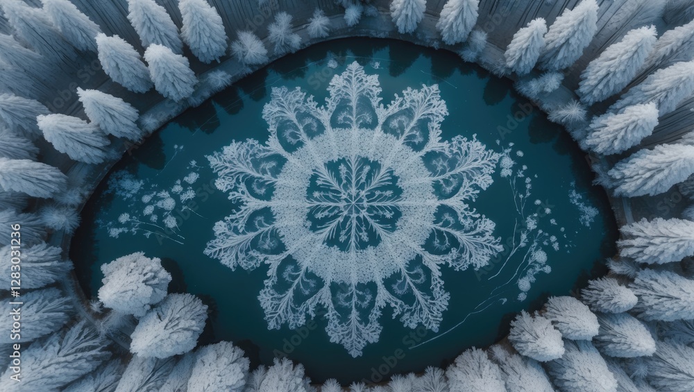 Poster aerial view of a frozen pond surrounded by snow-covered trees with intricate frost patterns creating
