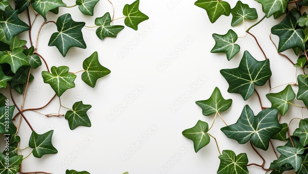 Aufkleber green ivy leaves arranged on a blank white surface creating a natural frame with a minimalistic desi