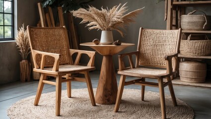 Fototapeta premium Modern minimalist interior design featuring two wooden chairs, a round wooden table, and decorative dried plants in a cozy setting.