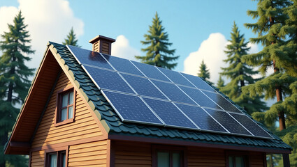 Fototapeta premium A wooden house with a gable roof, on which solar panels are installed.