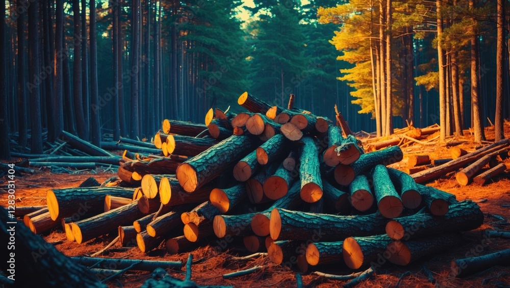 Poster log pile in a forest setting with tall trees, sunlight filtering through branches, and cut logs arra