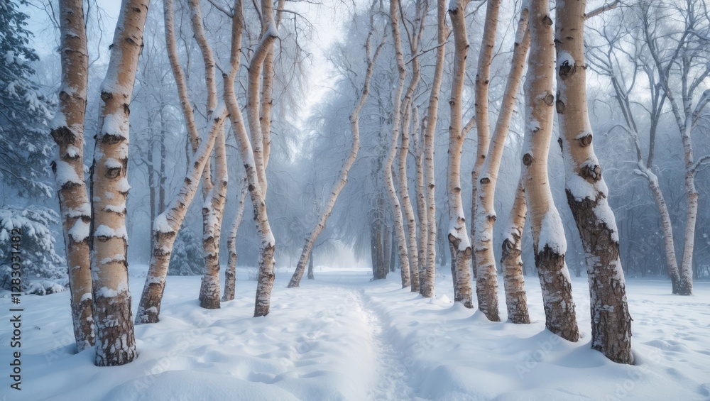 Aufkleber winter landscape with snow-covered birch trees creating a tranquil path through a snowy forest in a 