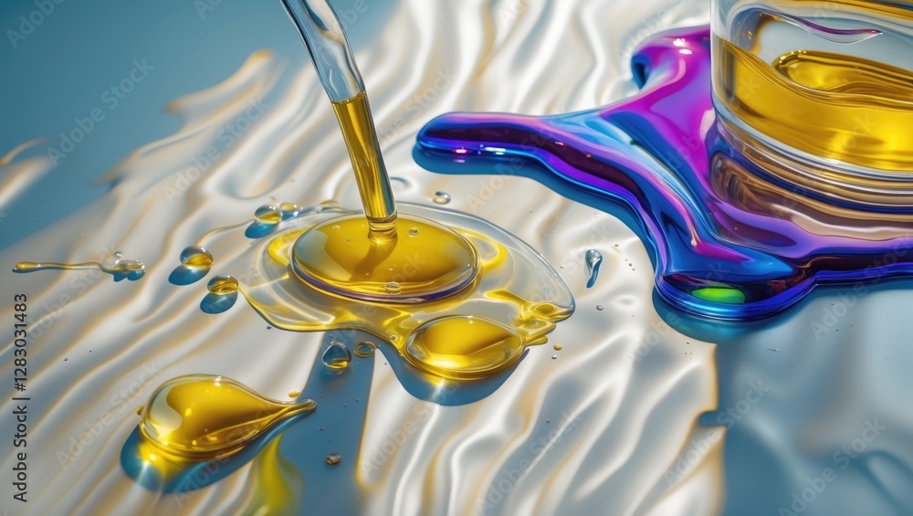 Poster colorful liquid oil droplets on reflective surface with pipette and glass container creating abstrac