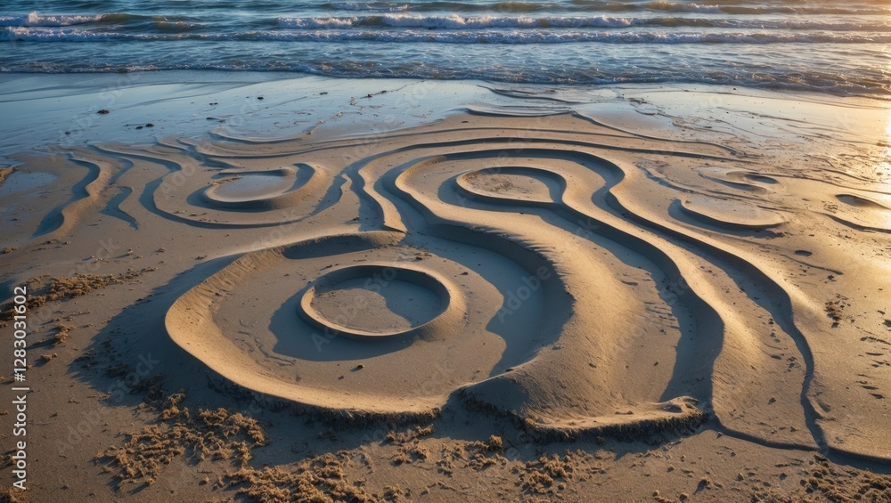 Poster sand patterns created by water erosion on a beach during sunset with gentle waves in the background