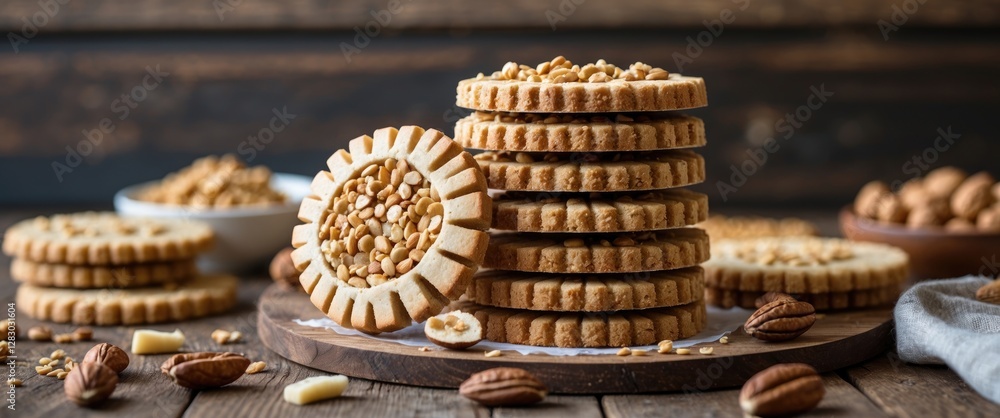 Poster stacked cookies with nuts on a wooden platter with scattered nuts and chocolate pieces in a rustic s