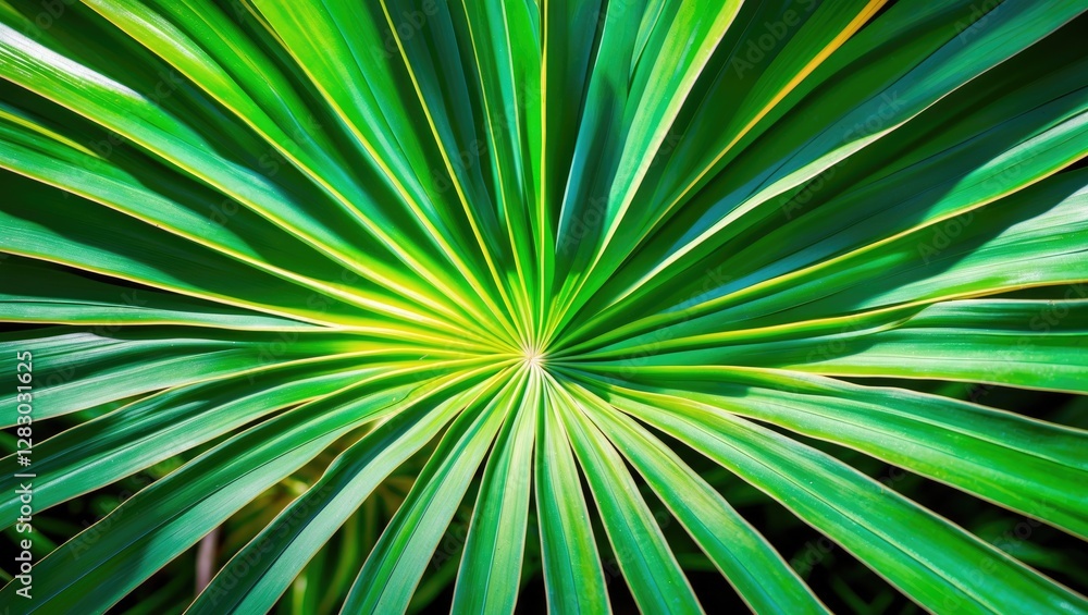 Poster close-up texture of fan palm leaves radiating from the center creating a geometric pattern with vibr