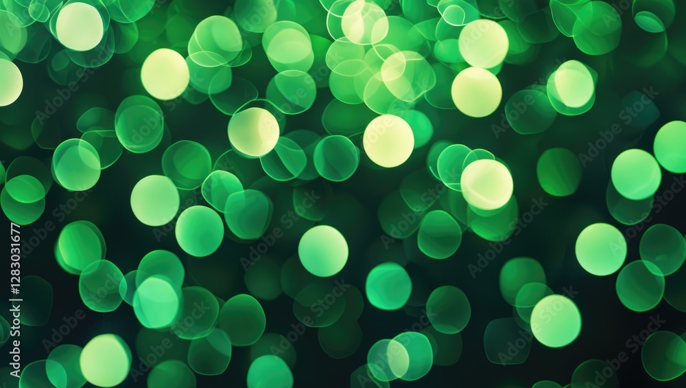 Poster green bokeh background with circular blurred light spots creating a vibrant and appealing texture in