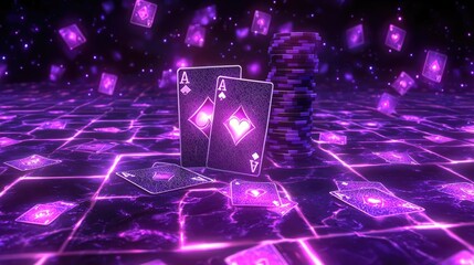 Playing cards in a neon casino digital art futuristic environment vibrant viewpoint gaming concept