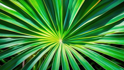 Obraz premium Close-up texture of fan palm leaves radiating from the center creating a geometric pattern with vibrant green colors.