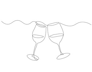 Continuous line drawing of wine glass. Single line illustration of national wine day. Glassware, Beverage, Party concept. Editable outline