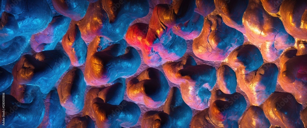 Poster textured surface with colorful lighting effects showcasing intricate patterns and depth in blue and 