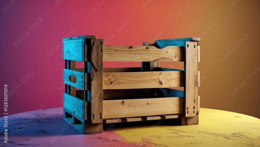Poster wooden crate on a circular table with colorful background lighting creating a gradient effect from p