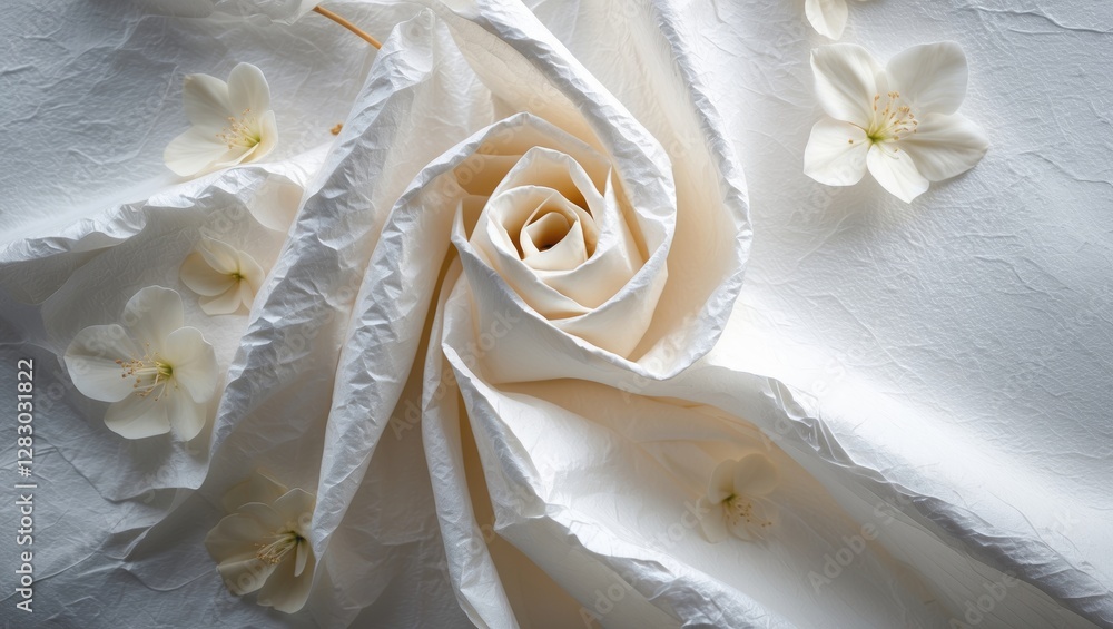 Poster white textured fabric arranged in a flower shape with delicate white petals scattered around, creati