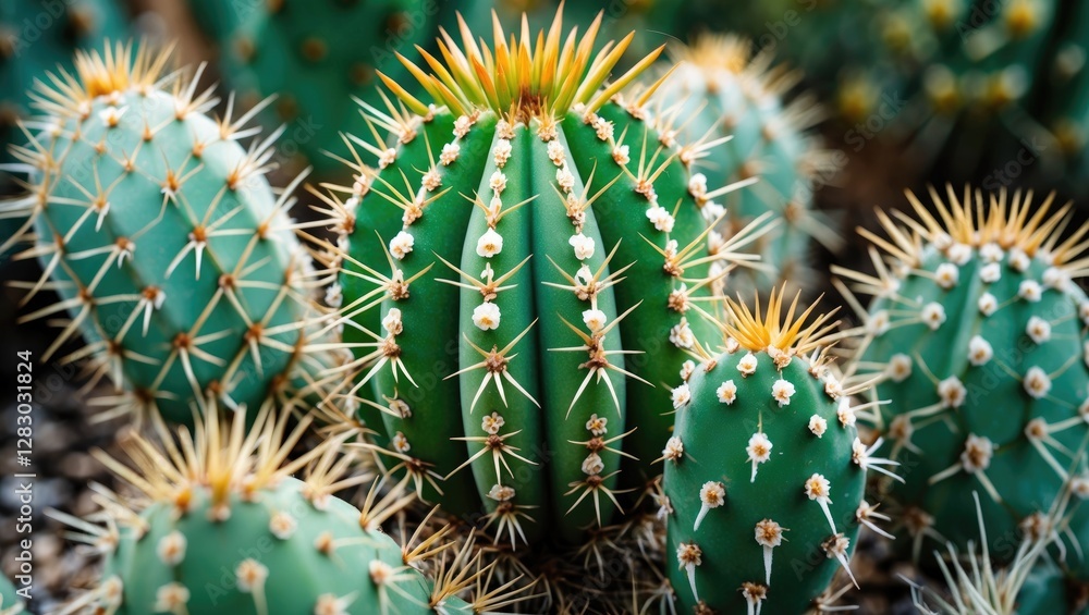 Poster cacti with spines and flowers in a natural landscape setting in a close-up view showcasing various s