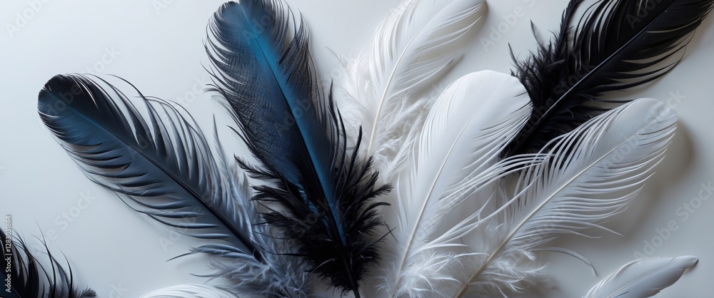 Poster black and white feathers arranged on a light background showcasing various textures and shapes of th