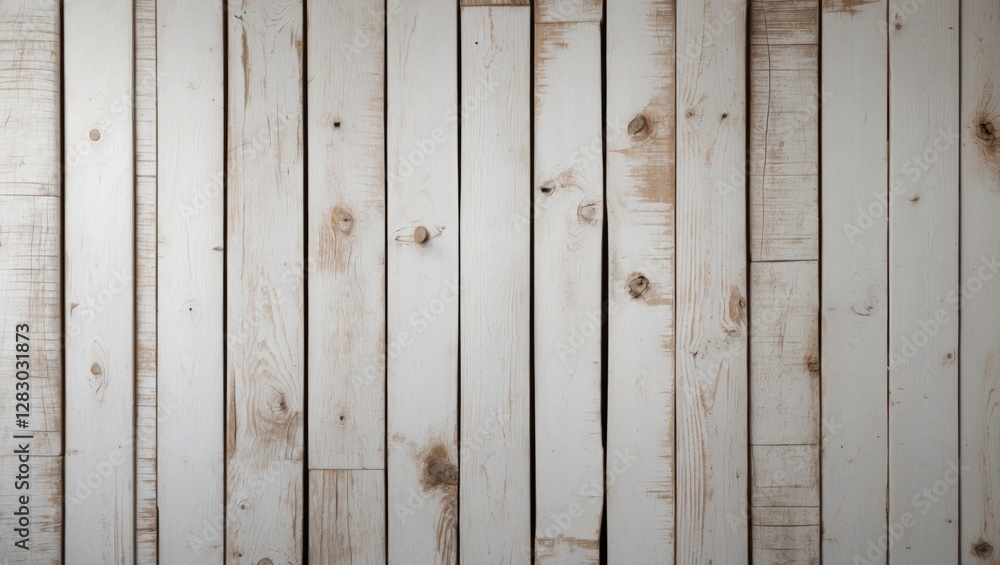 Poster whitewashed wooden wall planks background texture with natural grain patterns and knots in a horizon