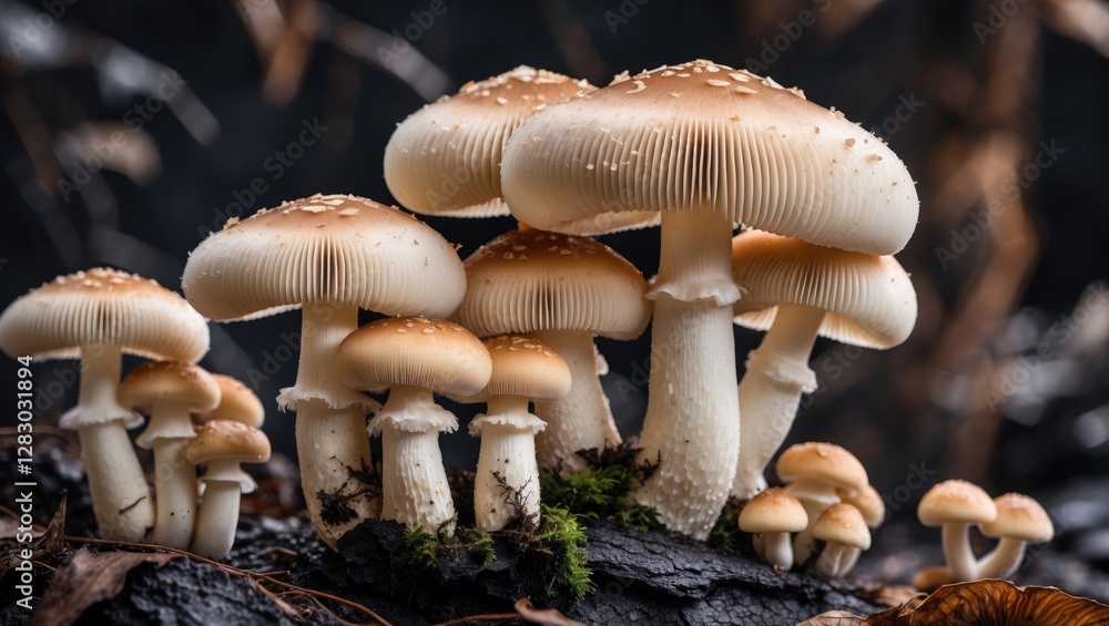 Poster group of edible mushrooms growing on a log in a forest environment with dark background and natural 