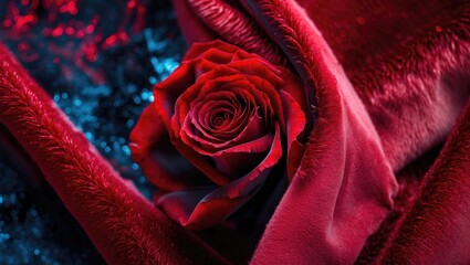 Red rose on a luxurious red fabric background with blue sparkling elements creating a vivid contrast