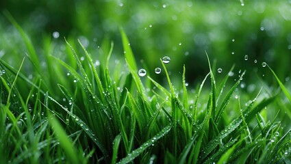 Obraz premium Close-up of fresh green grass blades with water droplets in sunlight creating a natural and vibrant texture in a garden or outdoor setting