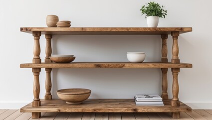 Wooden shelf unit with three tiers featuring decorative bowls and a plant on a light wooden floor against a plain wall.