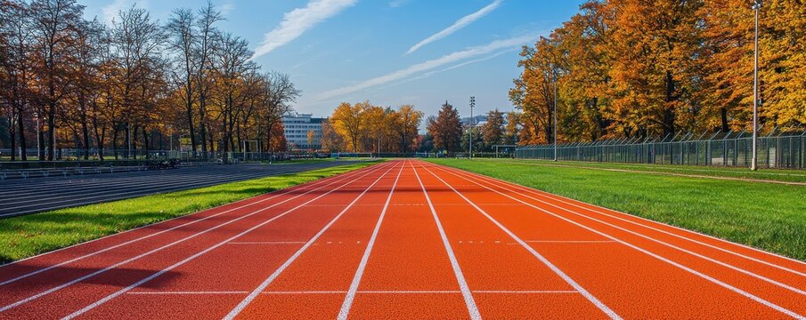 A vibrant red running track stretches into the distance, framed by colorful trees and a clear blue sky, showcasing an ideal autumn day for outdoor activities.