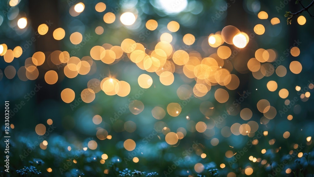 Poster abstract background with blurred bokeh lights in forest setting creating a dreamy atmosphere during 