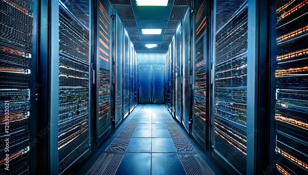 Poster server racks in server room data center. generated image
