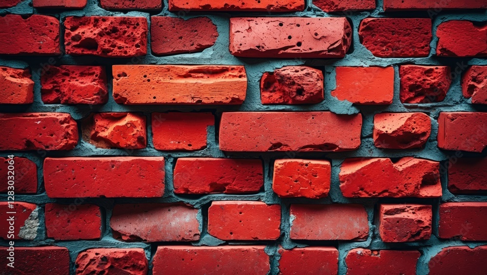 Poster red brick wall texture with uneven surface and varying shades of orange and red colors in a close-up